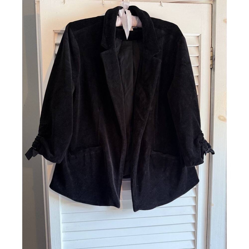 Women's XL Velvet Ribbed Open Blazer 3/4 Sleeves Ruched Holidays Whimsigoth Chic